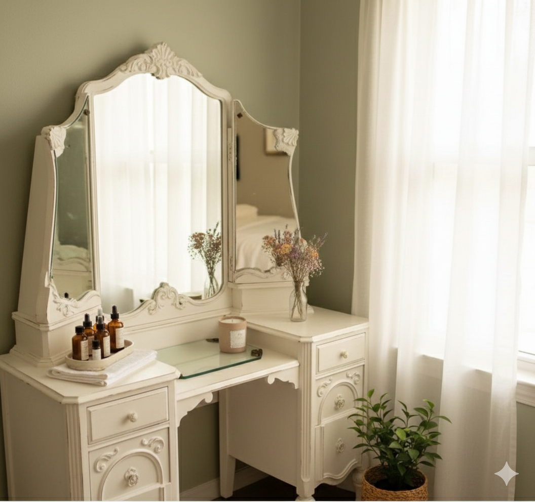A professional wide-angle landscape photograph of a vintage looking vanity in a sun-drenched room with soft florals and light, airy colors.
