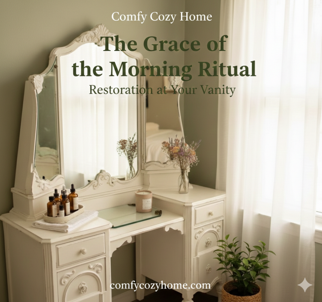 The grace of the morning ritual: restoration at your vanity %comfy cozy home% A professional wide-angle landscape photograph of a vintage looking vanity in a sun-drenched room with soft florals and light, airy colors.