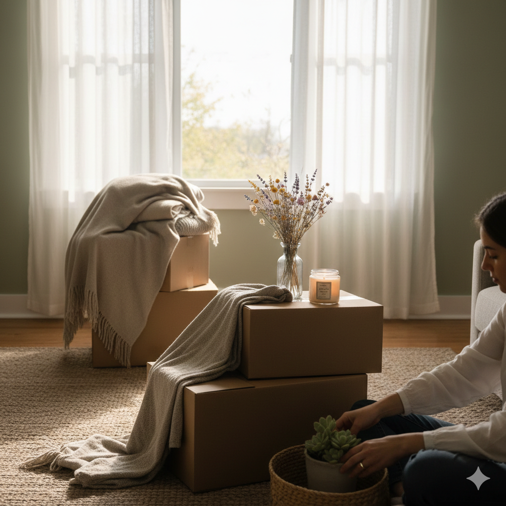 A professional wide-angle landscape photograph of a serene, half-packed room with soft florals and warm sunlight.