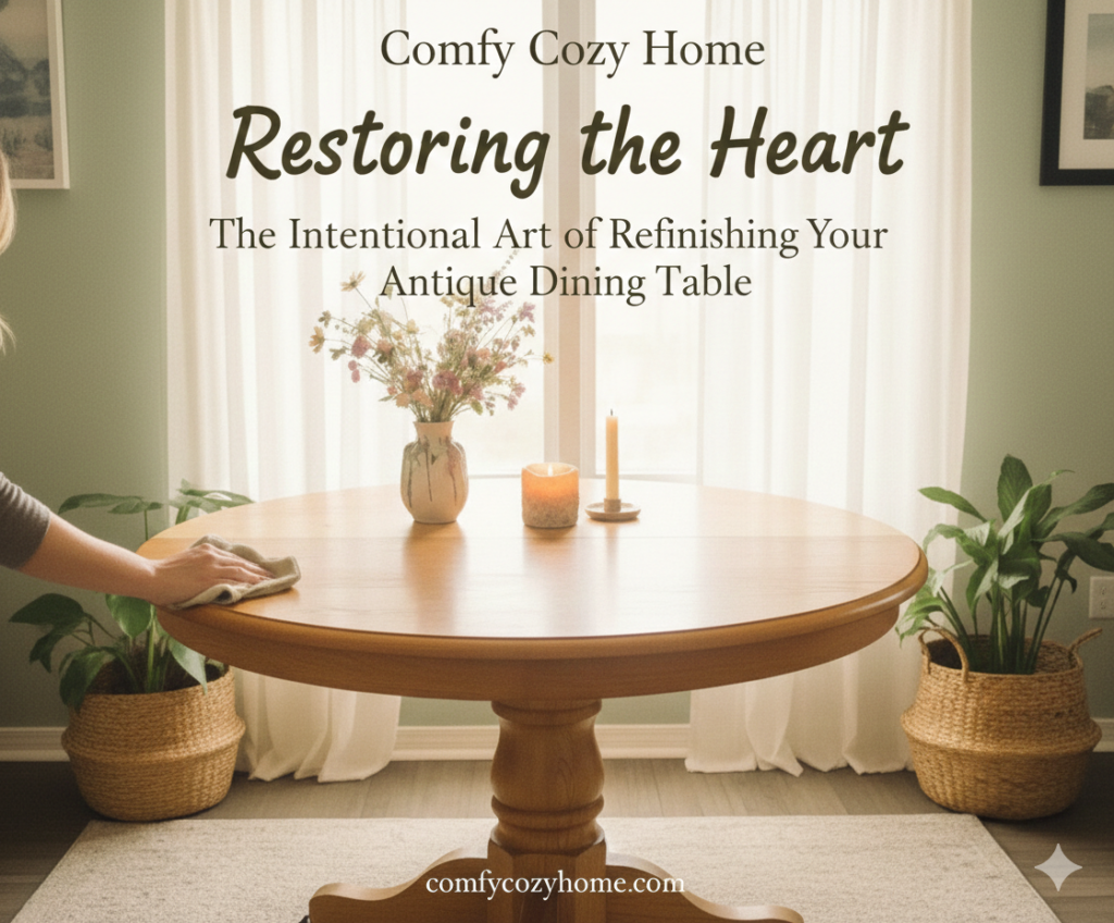 A professional wide-angle landscape photograph of an antique round oak dining table being gently restored in a sun-drenched room with soft florals and warm, airy tones.