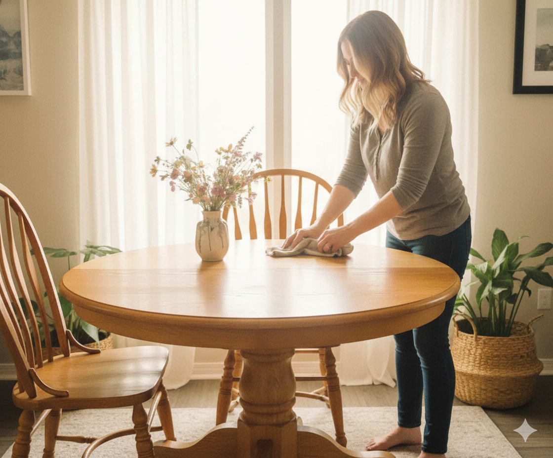 A professional wide-angle landscape photograph of an antique round oak dining table being gently restored in a sun-drenched room with soft florals and warm, airy tones.