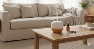A ceramic essential oil diffuser emitting mist in a bright, cozy living room to enhance the power of scent