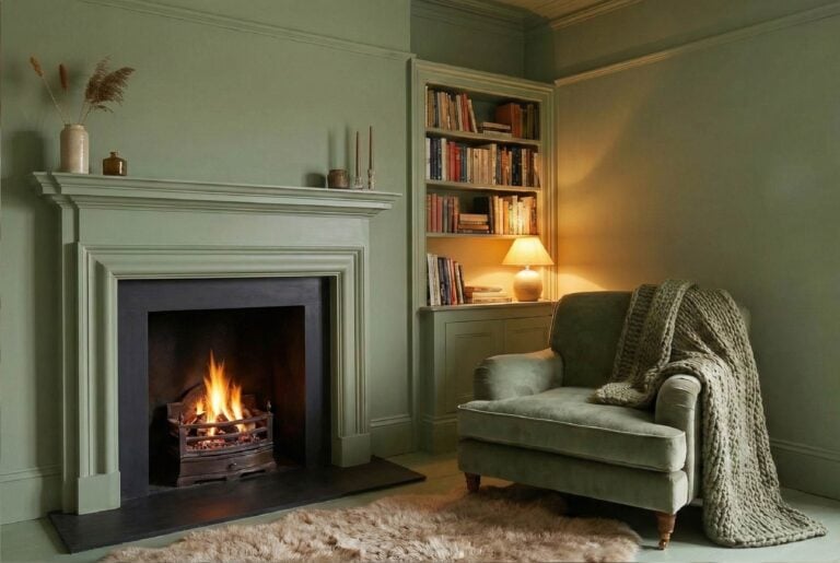 A cozy reading nook featuring a sage green wall, a light beige velvet armchair draped with a chunky knit blanket, a macramé wall hanging, and a reclaimed wood table with a ceramic mug and books. Text overlay reads: "transform your space 2026 cozy home decor trends".