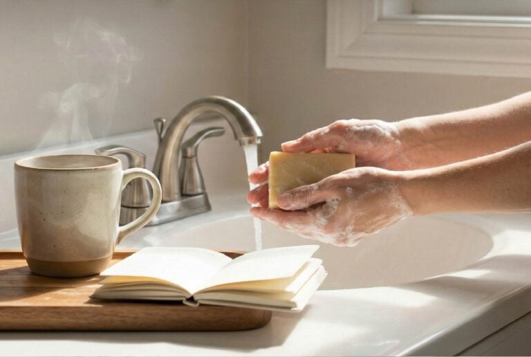 A bright bathroom vanity scene with a person's hands washing with soap, a lit "morning light" candle, and a steaming mug on a tray, illustrating mindful morning rituals.