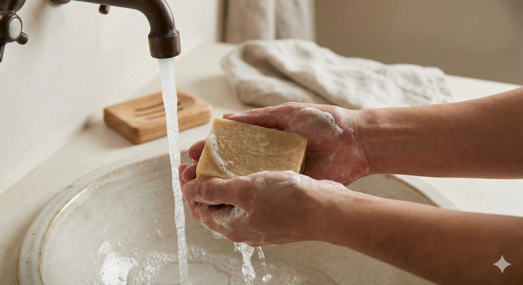 Close-up view of hands washing with a natural bar of soap under running water from a rustic faucet in a ceramic sink, creating a rich lather.