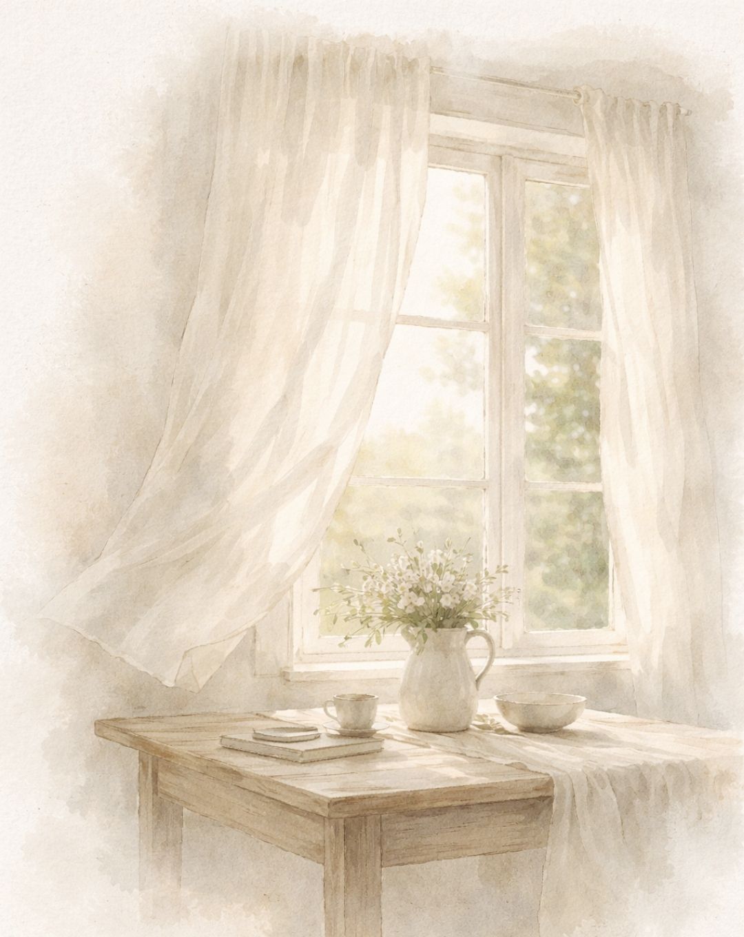 Home %comfy cozy home% Soft watercolor illustration of a quiet sunlit window and table creating a calm retreat space for gentle self-care.