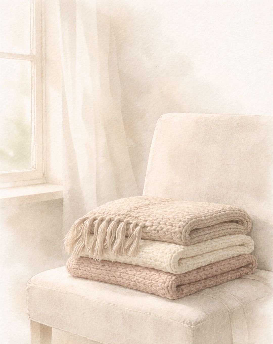 Home %comfy cozy home% Minimal watercolor illustration of a warm teacup with soft steam rising, symbolizing relaxation and gentle self-care.