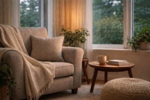 A softly lit, cozy interior space designed to promote calm and mental quiet