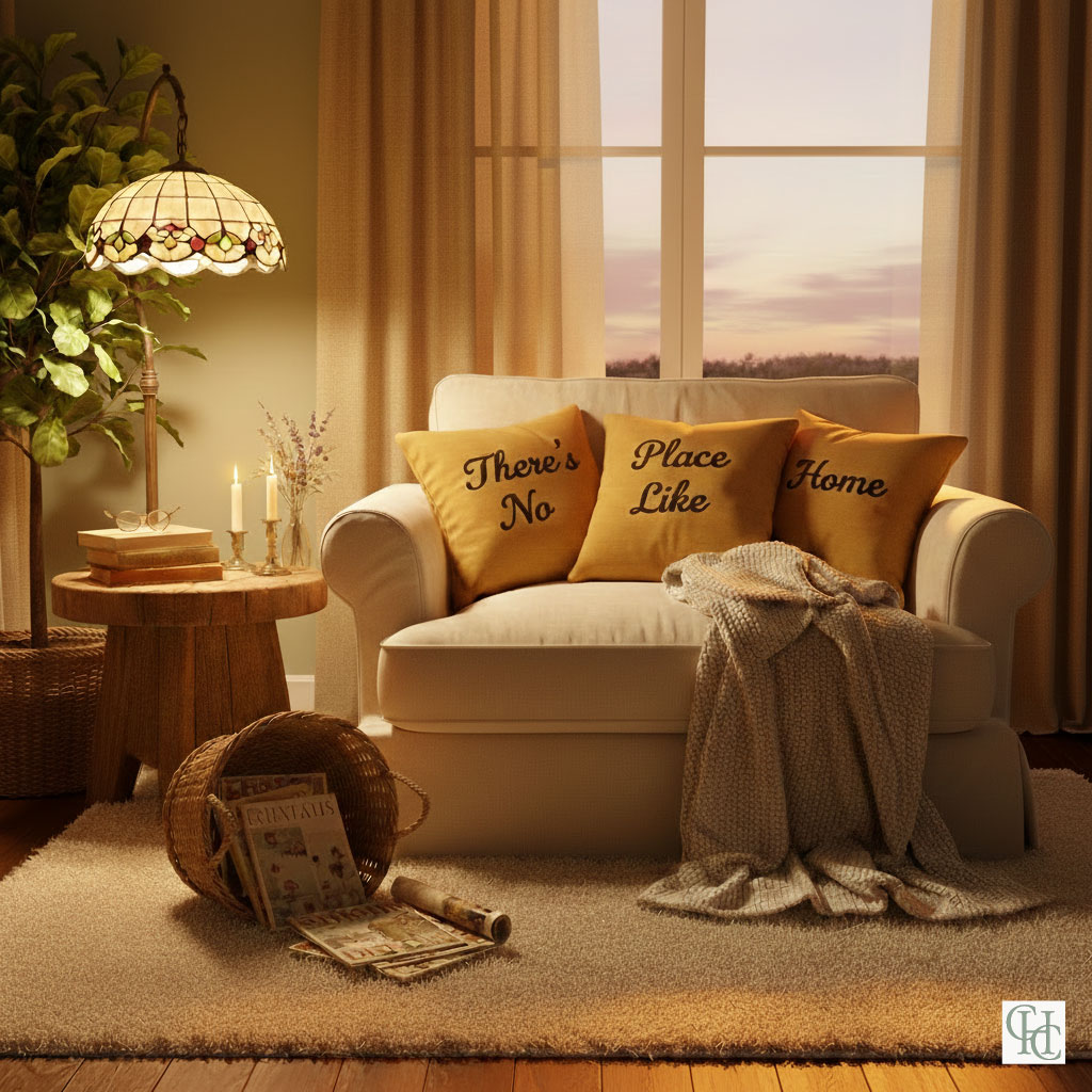 Cozy overstuffed cream armchair at sunset with pillows reading "there's no place like home" in a soft sage cozy comfort room.