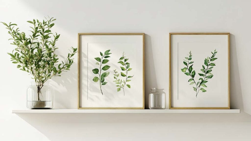 Couple-framed-plants-sitting-top-shelf