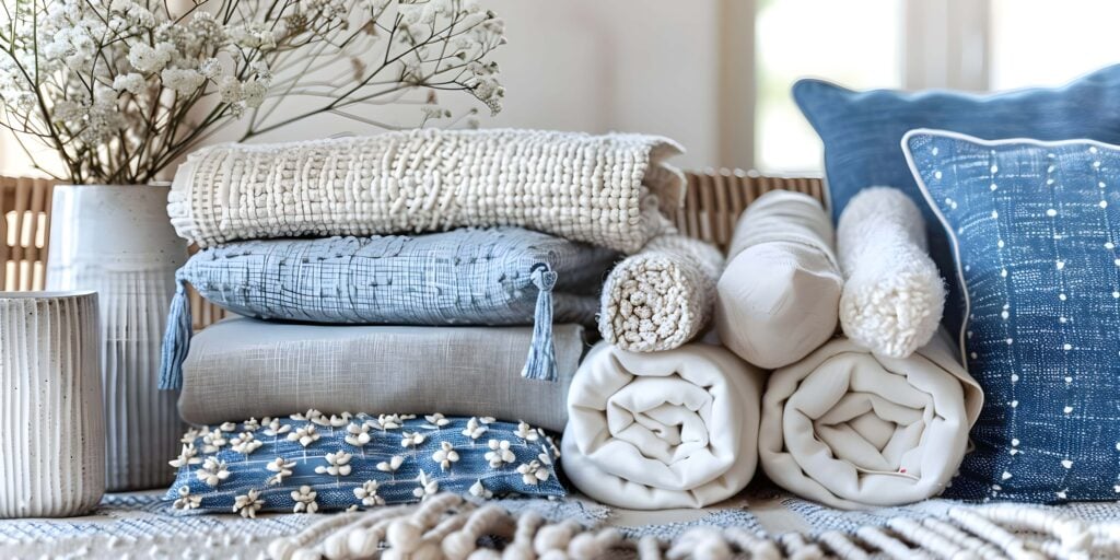 Blue and white textiles for a comfy cozy home