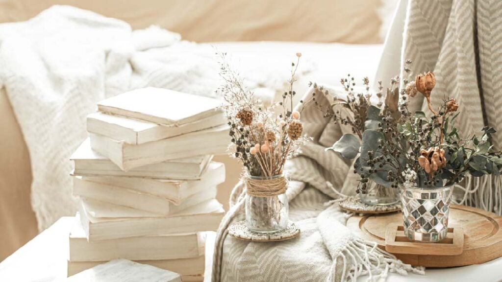 Home-interior-with-books-dried-flowers for a comfy cozy home