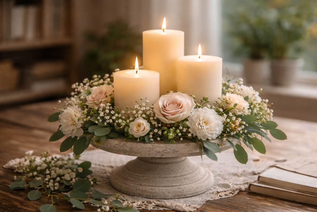 Candle centerpiece on a pedestal surrounded by soft flowers in a calm home setting