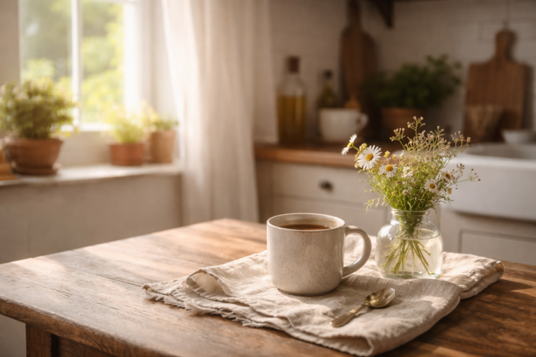 Quiet morning kitchen scene with coffee mug and soft sunlight