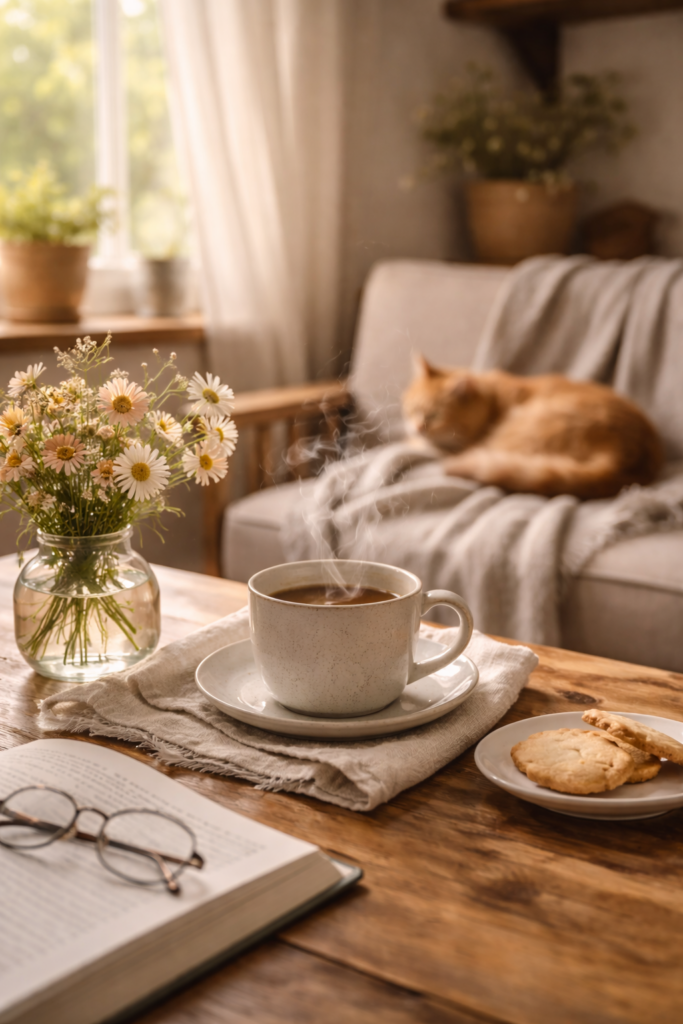 Cup of coffee, cookies, and a cat