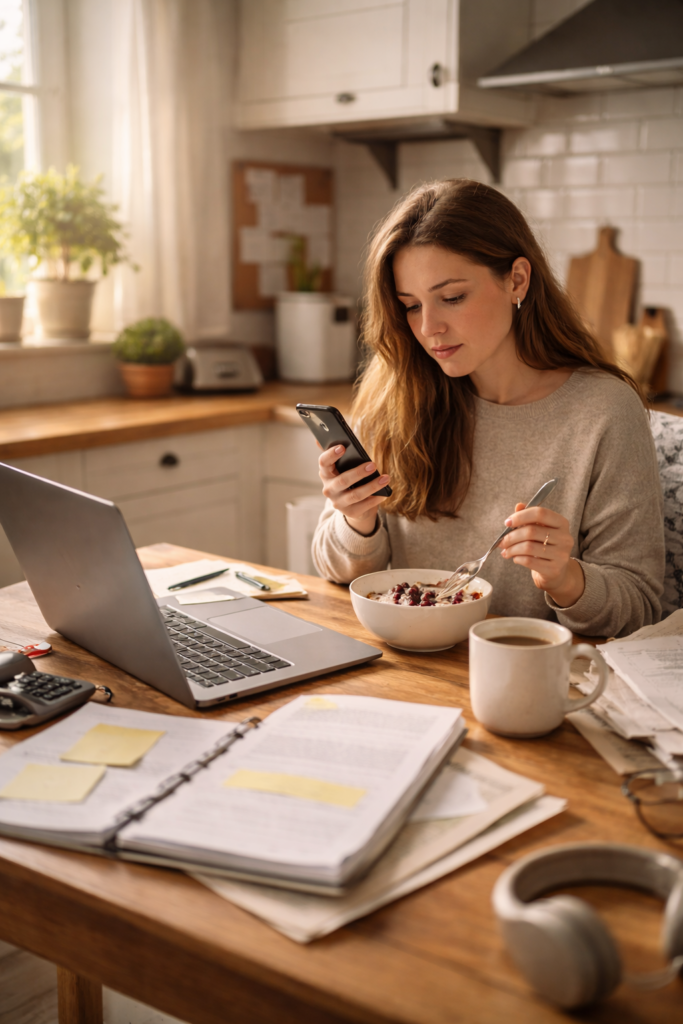 Woman having a cup of coffee and eating and working at the kitchen table