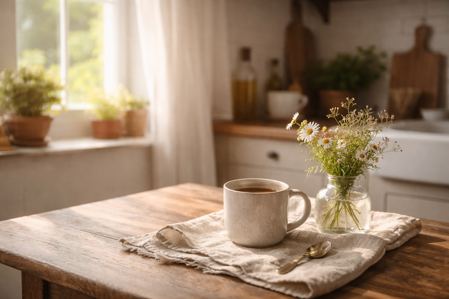 Quiet morning kitchen scene with coffee mug and soft sunlight