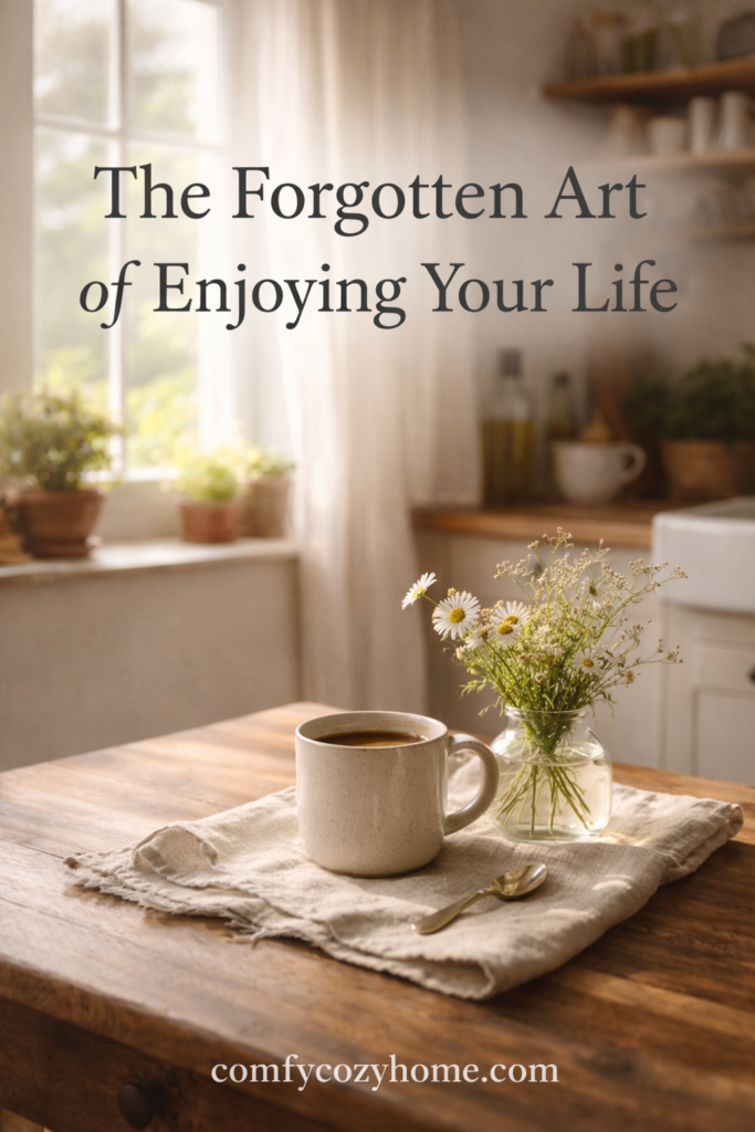 Quiet morning kitchen scene with coffee mug and soft sunlight