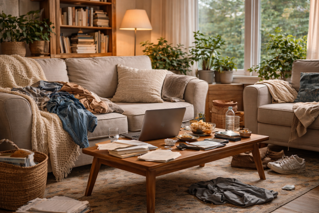 Cluttered front room