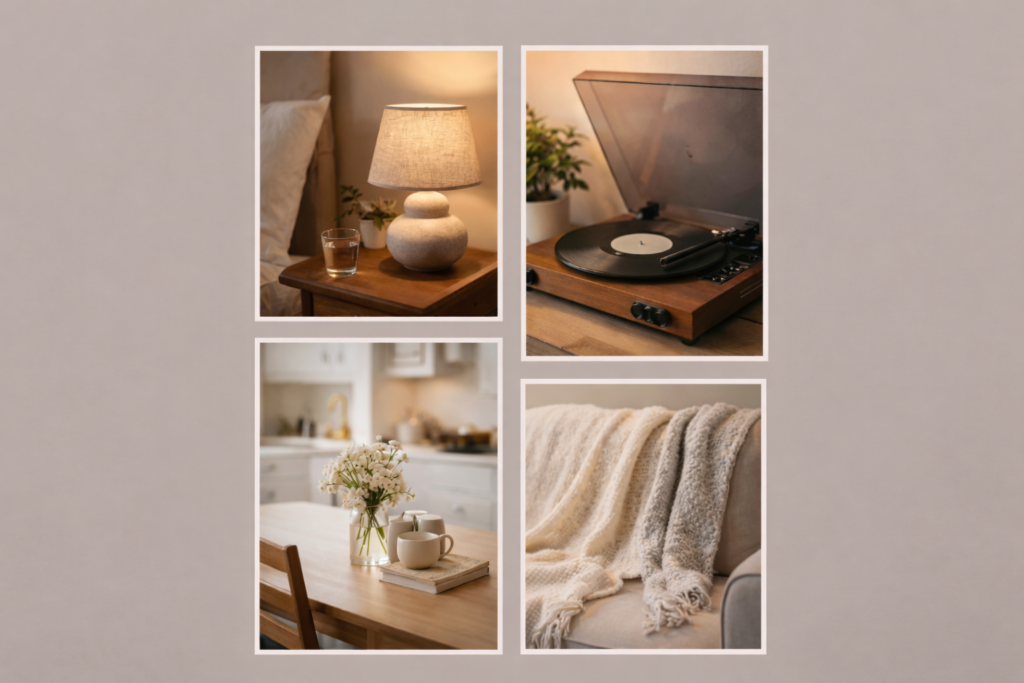 Scattered images with a lamp with warm bulbs, record player, a clear off table in the kitchen, cotton throws.