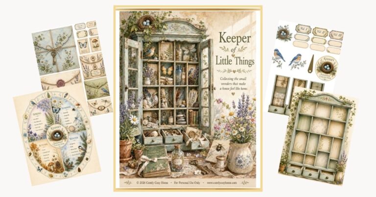 Keeper of little things junk journal printable with nature-inspired pages and interactive elements by comfy cozy home